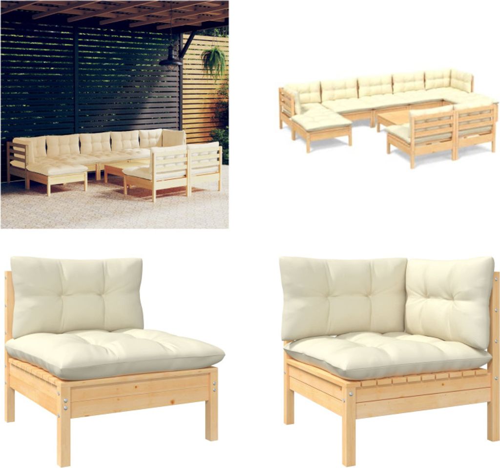 vidaXL 10 tlg. Garten Lounge Set mit Creme Kissen Kiefernholz - Garten-Lounge-Set - Garten-Lounge-Sets - Gartenmöbel-Set - Gartenmöbel-Sets