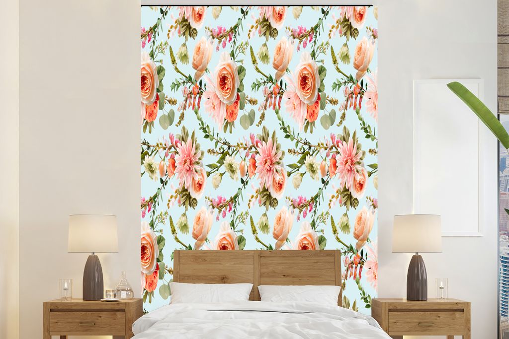 MuchoWow Fototapete für Wohnzimmer oder Schlafzimmer Wandtapete Vinyl Motivtapete Blumen - Muster - Rosen - 160x240 cm - Vinyltapete