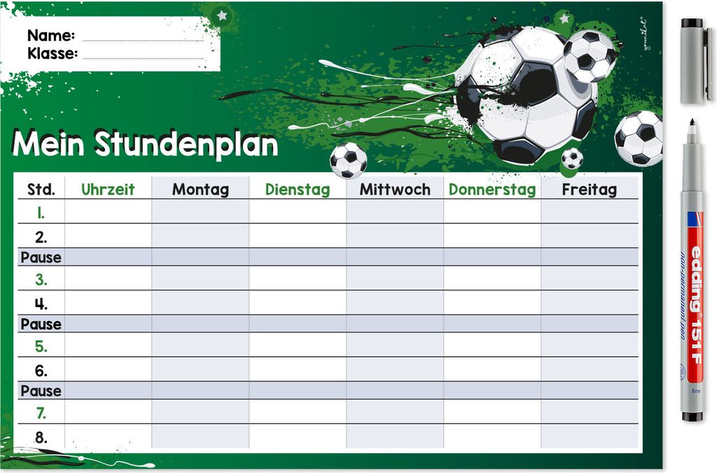 Fußball Stundenplan abwischbar I DIN A4 I Rückseite magnetisch für den Kühlschrank I Jungen Jungs Teenager, cool I mit Stift I dv641