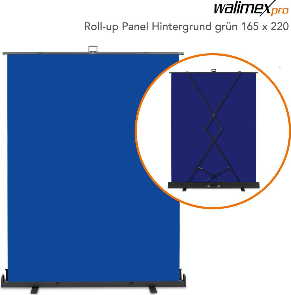 Walimex pro Roll-up Panel Hintergrund blau 165 x 220 cm, Fotohintergrund mit Transportbox, Hintergrundsystem für Fotostudio, knitterfreie Fotolein...