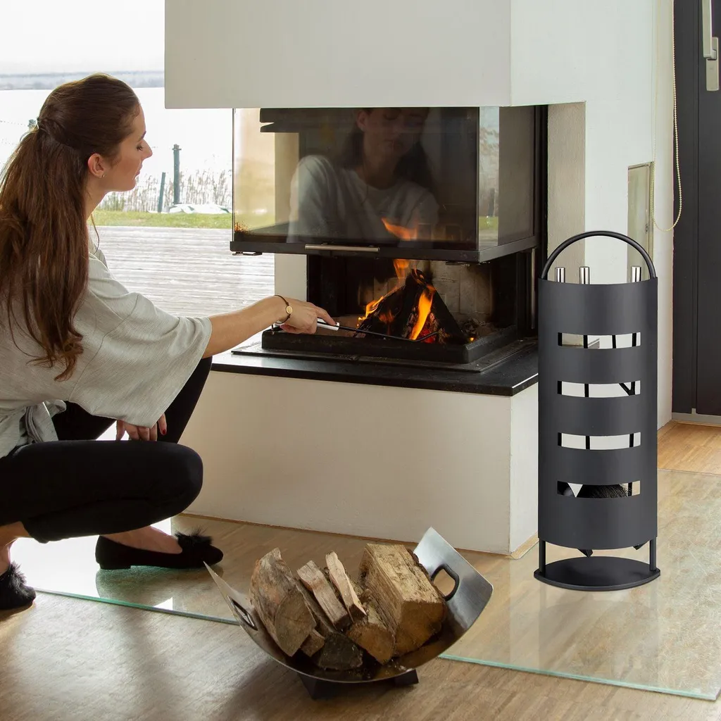Accessoires de cheminée 5 pièces noir et argent avec support design - 3