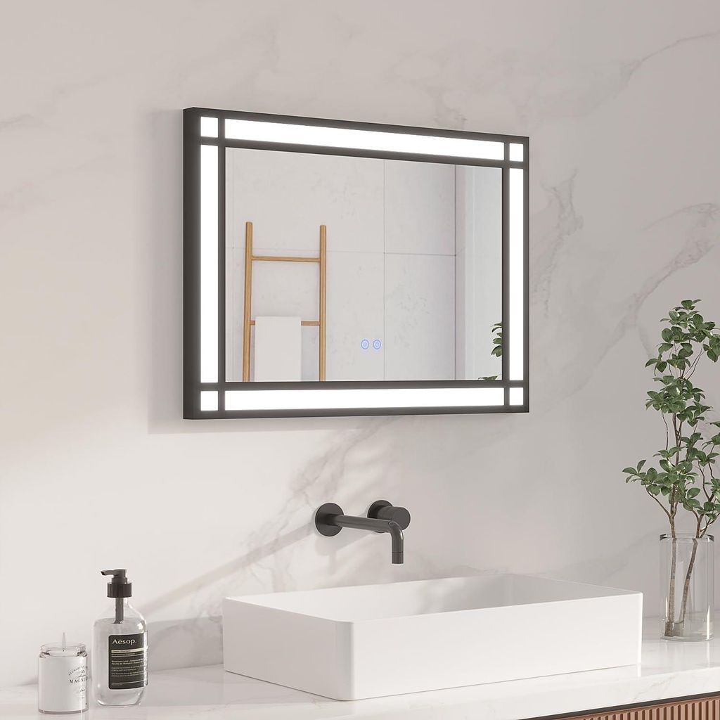 AQUABATOS Badspiegel mit Beleuchtung 70 x 50 cm LED Spiegel Badezimmerspiegel mit Touch Schalter Aluminium Schwarzer Rahmen Dimmbar