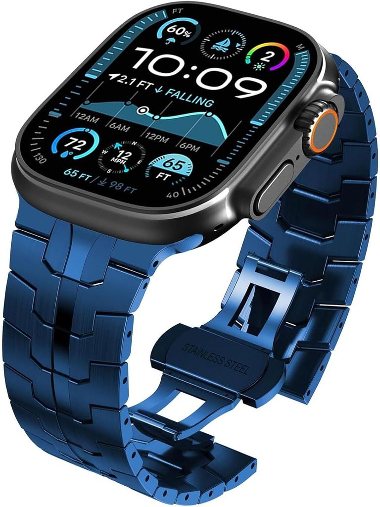 FFO2World Edelstahl Ultra Band Blau für Apple Watch 42 44 45 46&49mm - Luxus Metallarmband mit Butterflyschließe