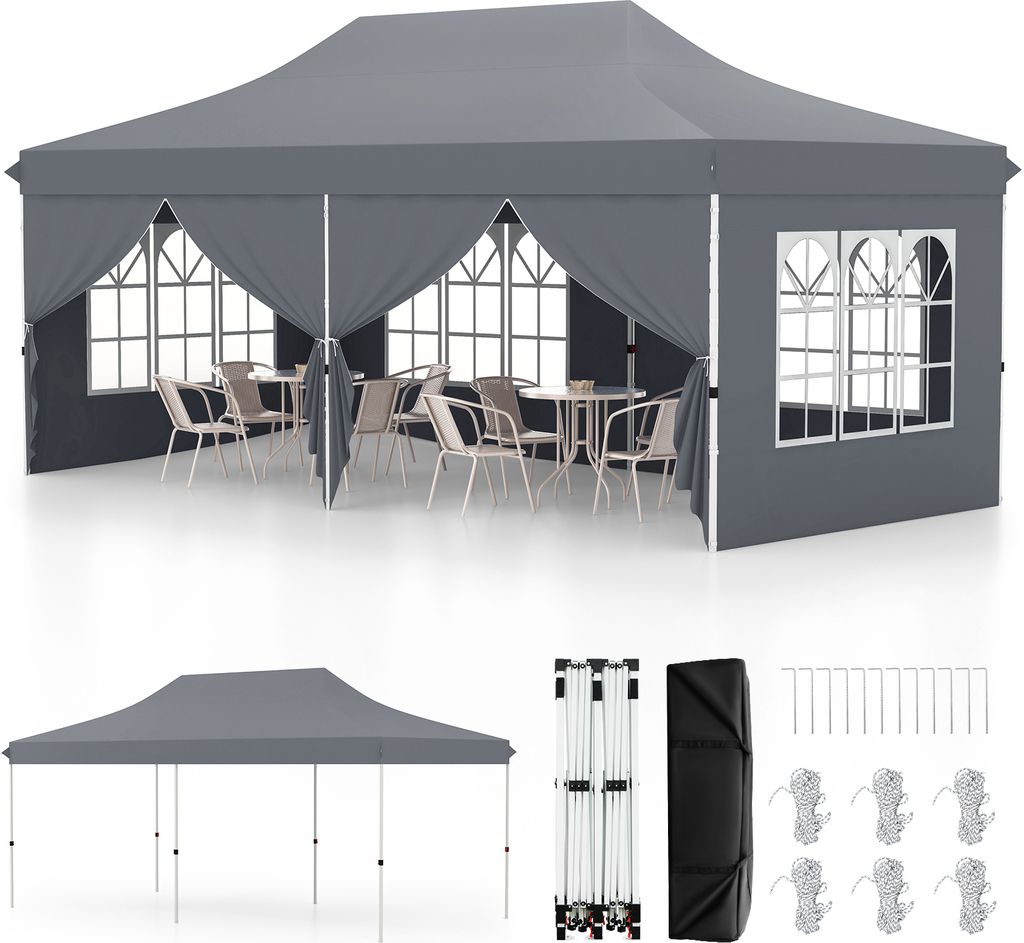 A collage showing a grey pop-up tent set up with tables and chairs inside, and a separate view of the tent components and accessories.