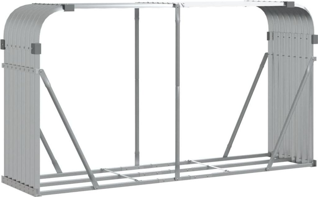 A silver metal firewood rack shown from a front-side angle against a white background.