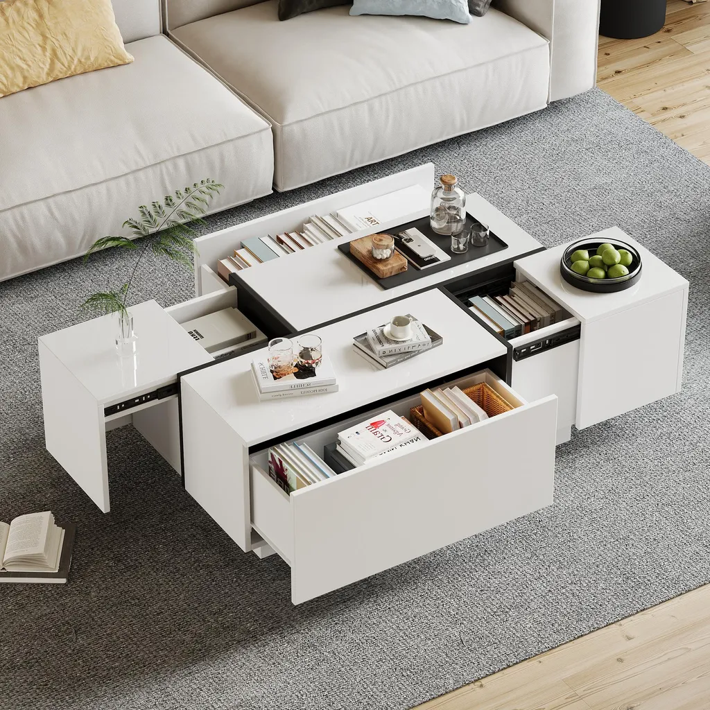 Merax Tavolino Salotto Moderno 100x60 - Piano Scorrevole Bianco