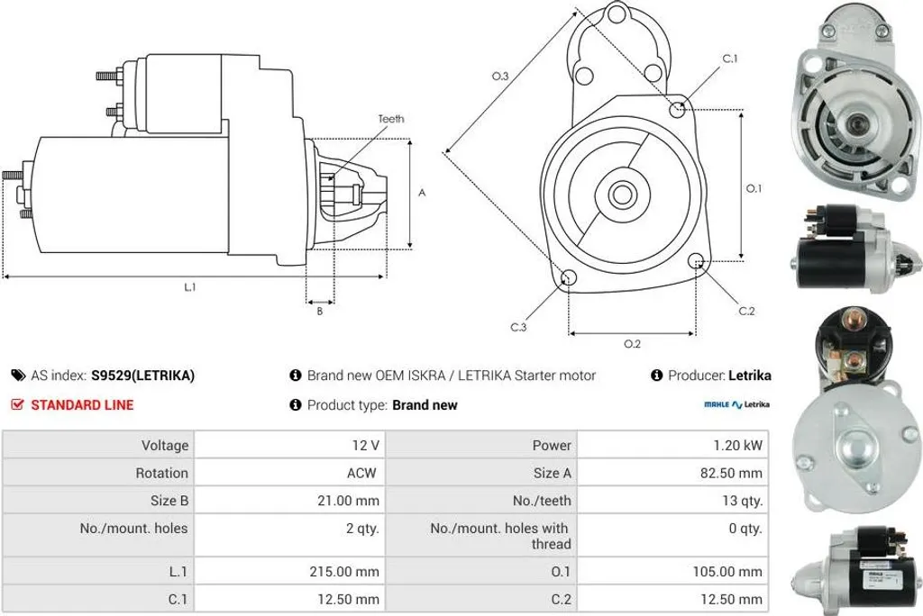 Démarreur Électrique Letrika S9529 Robuste pour Tracteur et Camions