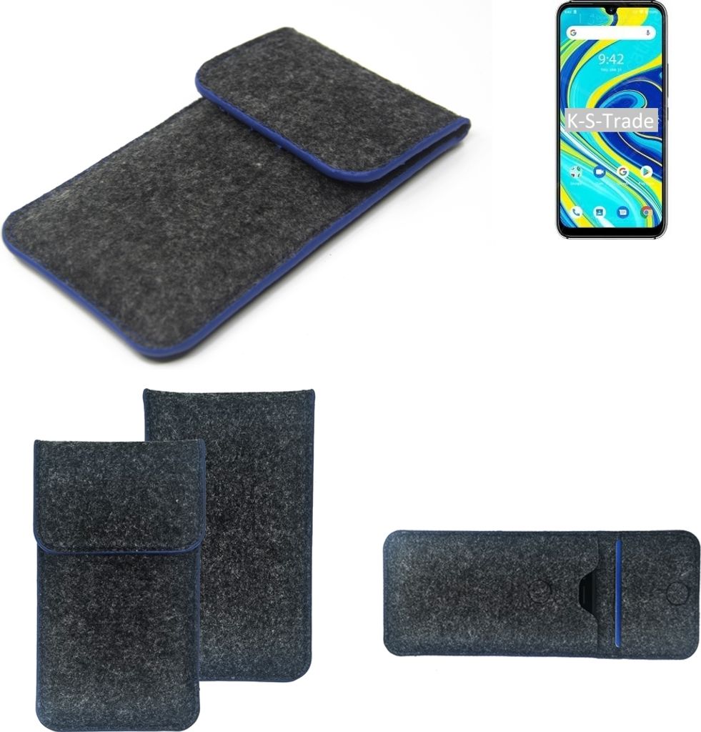 K-S-Trade Handy-Hülle Schutz-Hülle kompatibel mit UMIDIGI A7 Pro Filztasche Pouch Tasche Case Sleeve Filzhülle dunkelgrau, blauer Rand