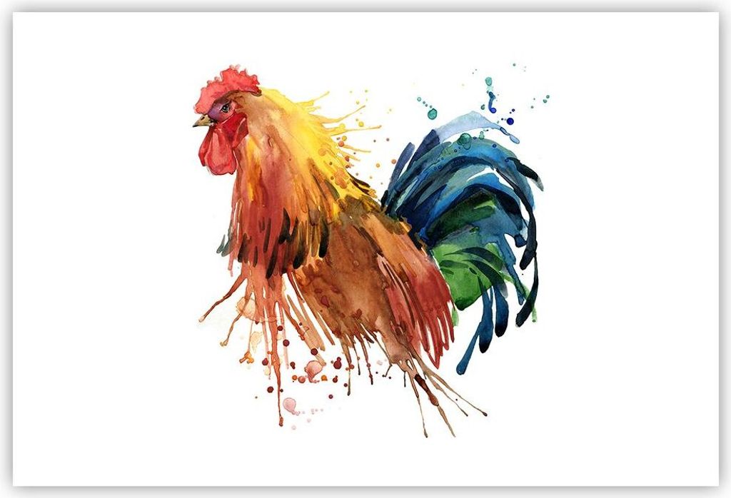 Poster - Poster ohne Rahmen - Hahn Ilustration Tier Farben - 91,5x61 cm - Wand Bild - Wanddeko - Wandbilder - Kunstposter - Wandposter - Bilder - K...