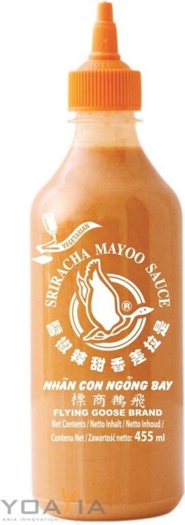 A bottle of Flying Goose Brand Sriracha Mayoo Sauce.