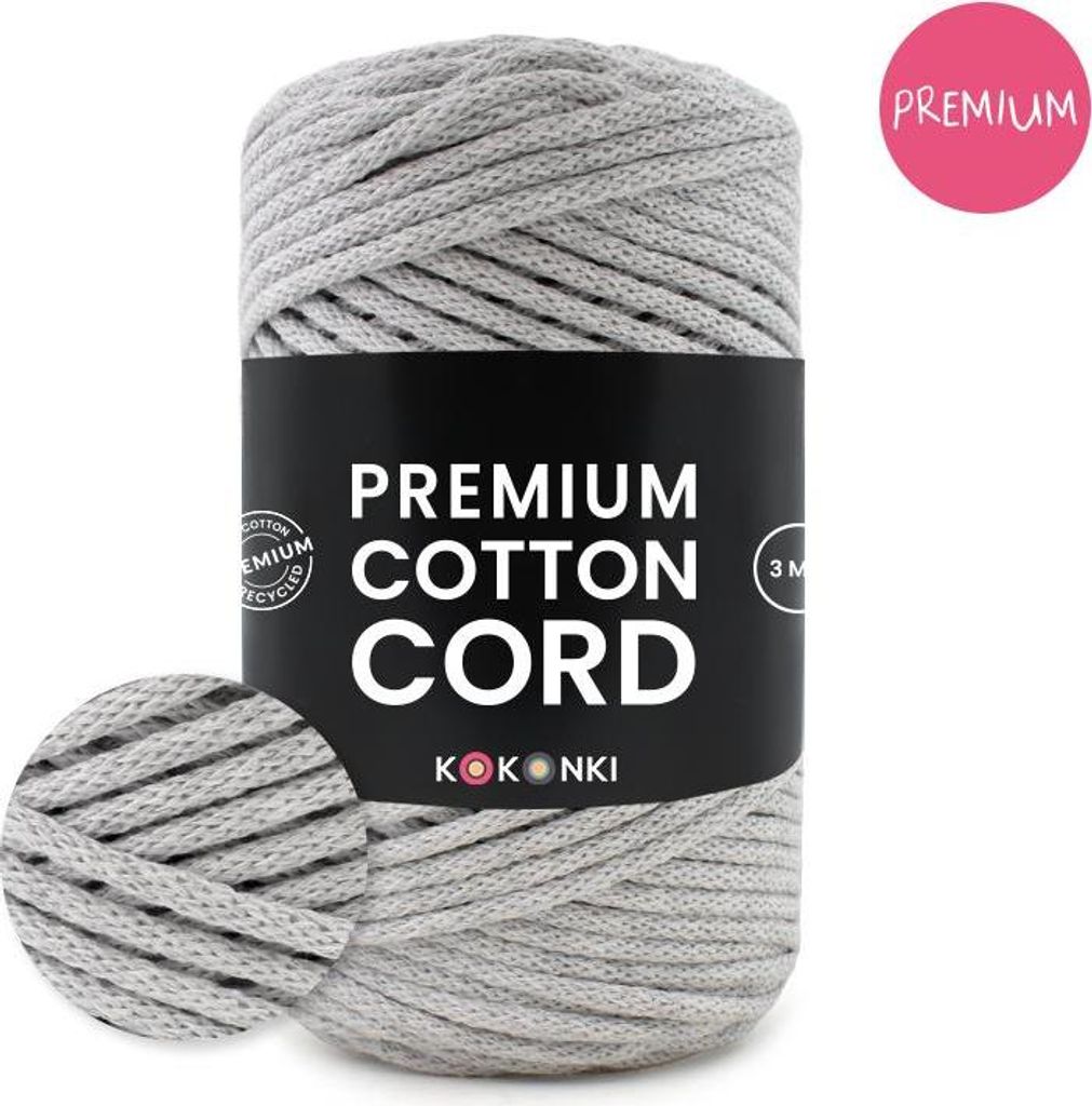 KOKONKI Premium Baumwollkordel 3 mm, 100 m Rolle, Grau (Nr. Produktbild 