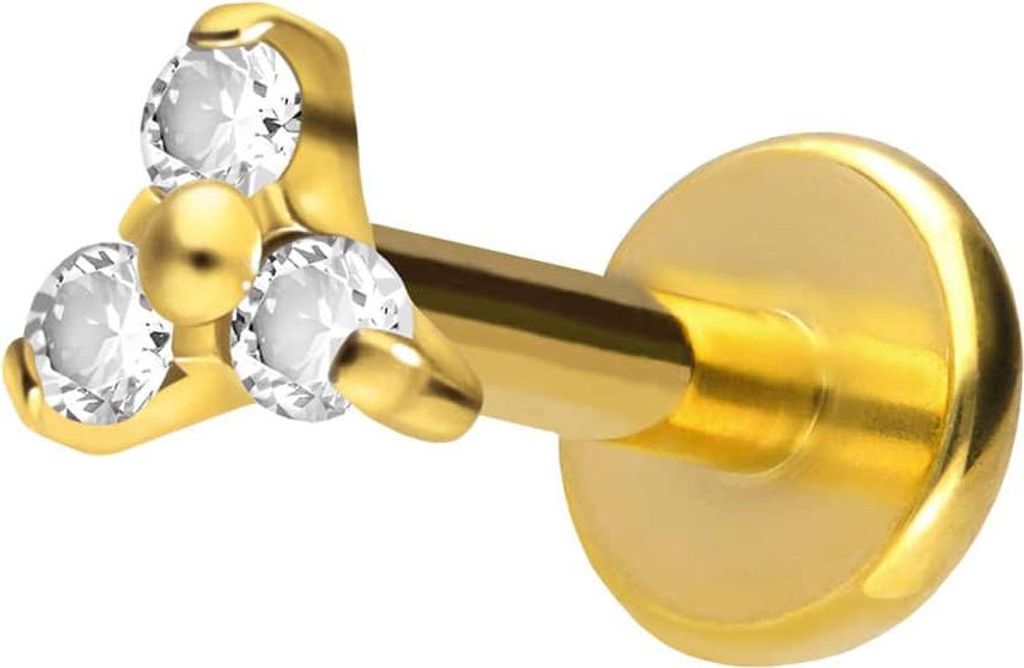 Ohrpiercing, Nasenpiercing Titan Labret mit Push Fit KRISTALLBLUME Gold Stablänge: 9mm | Stabstärke: 1,2mm | Discgröße: 3,5mm
