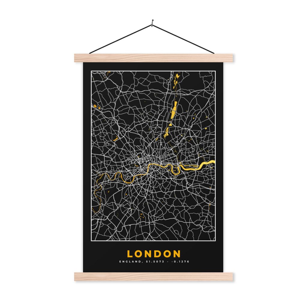 MuchoWow Textilposter London - Stadtplan - Gold - Karte 40x60 cm mit holzfarbenen Rahmen - Poster