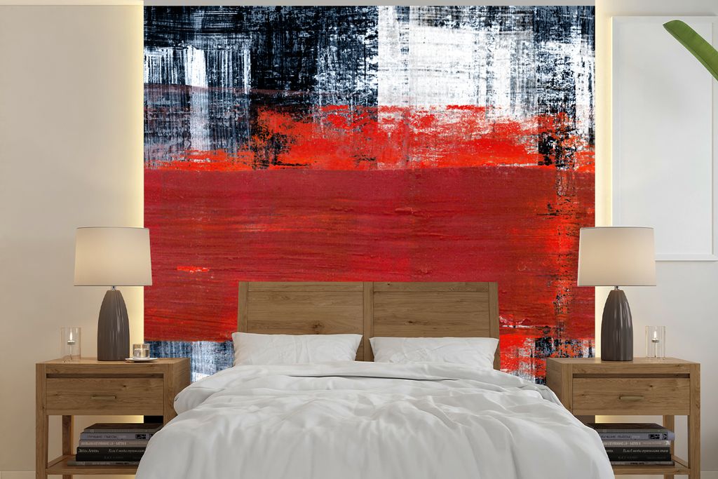 MuchoWow Fototapete für Wohnzimmer oder Schlafzimmer Wandtapete Vinyl Motivtapete Gemälde - Abstrakt - Rot - Öl - 280x280 cm - Hintergrundbild