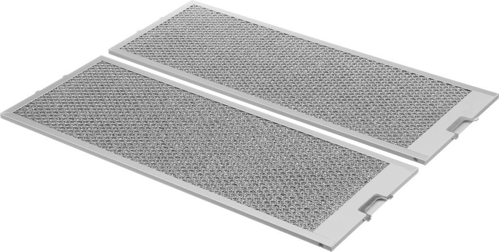 Two silver metal range hood filters are shown from a diagonal angle against a white background.