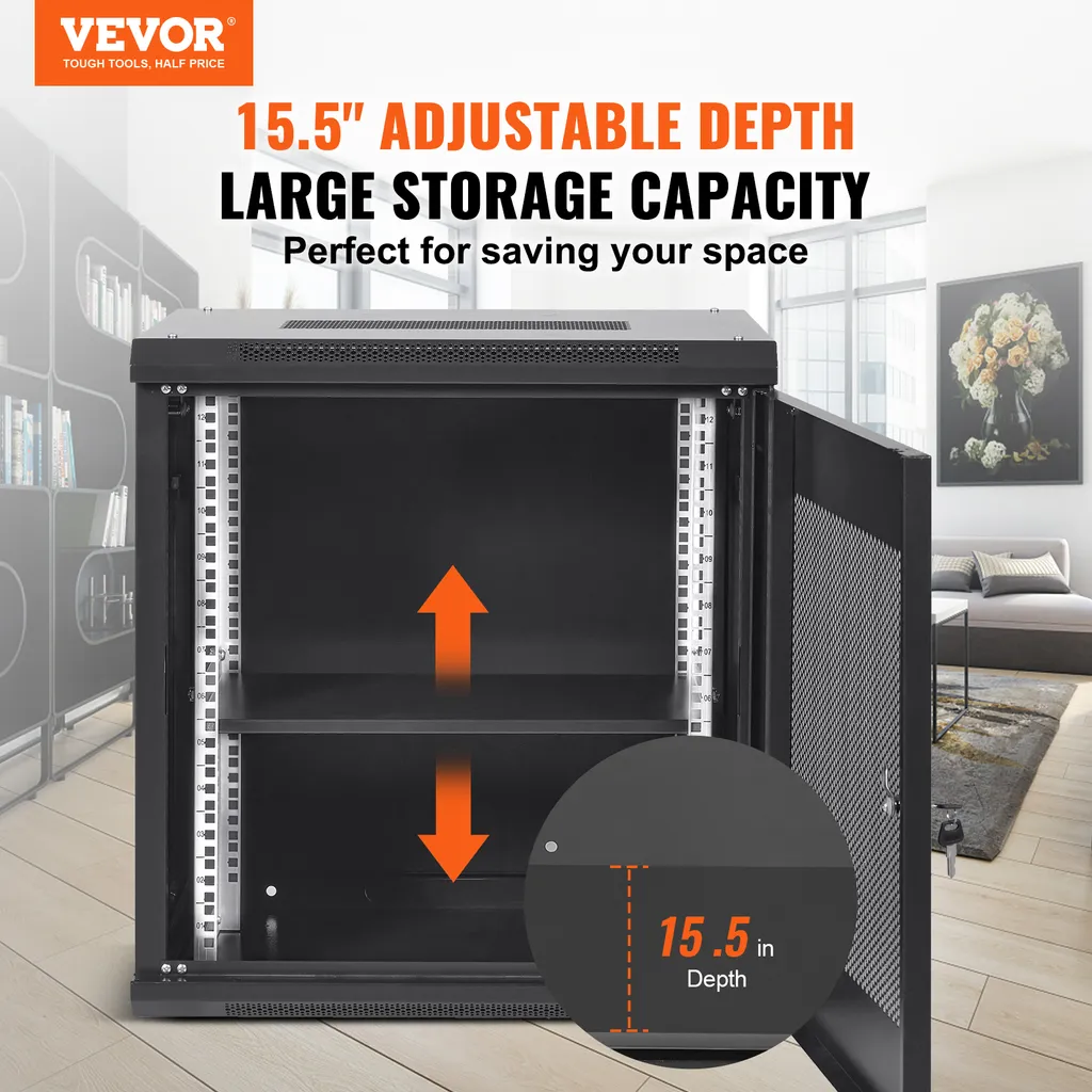 Armadio per server di rete VEVOR 12U montato a parete, profondità 15,5'', alloggiamento per armadio rack per server, capacità di carico massima di 200 libbre. Capacità di carico a pavimento, con pannelli laterali con serratura, per apparecchiature IT e A/V - 2