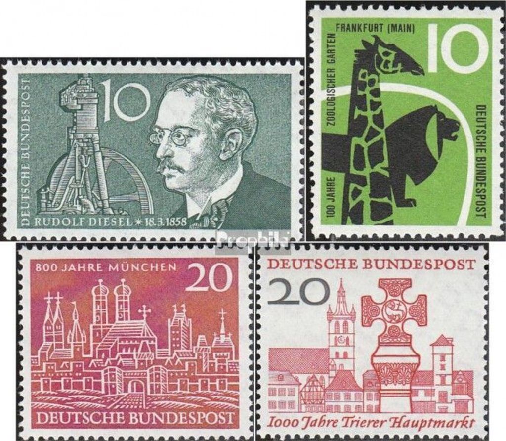 Briefmarken BRD (BR.Deutschland) 1958 Mi 284,288,289,290 (kompl.Ausg.) gestempelt 100.Geburtstag von Diesel