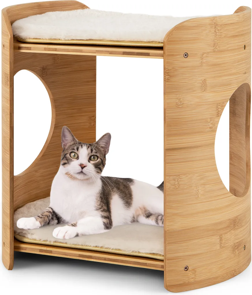 Grotta per Gatti in Bambù COSTWAY - Letto 2 Livelli con Peluche