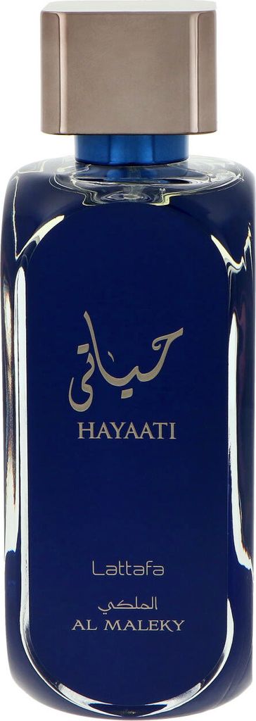A product shot of a blue perfume bottle with silver and gold accents.