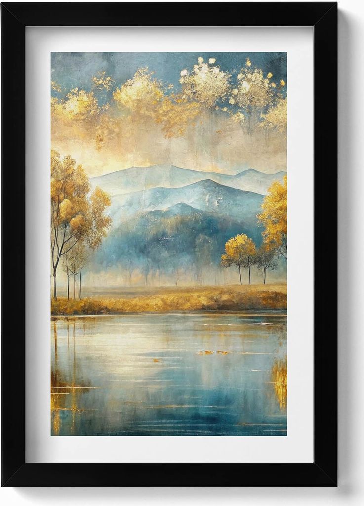 Abstrakte Landschaft mit goldenen Bäumen am See– Wandbild mit Rahmen – Gerahmtes Bild – Wanddekoration – 20x30 cm – Schwarz