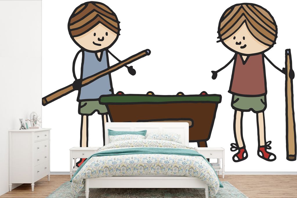 MuchoWow Fototapete für Wohnzimmer oder Schlafzimmer Wandtapete Vinyl Motivtapete Eine Illustration von zwei Billard spielenden Kindern - 525x35...