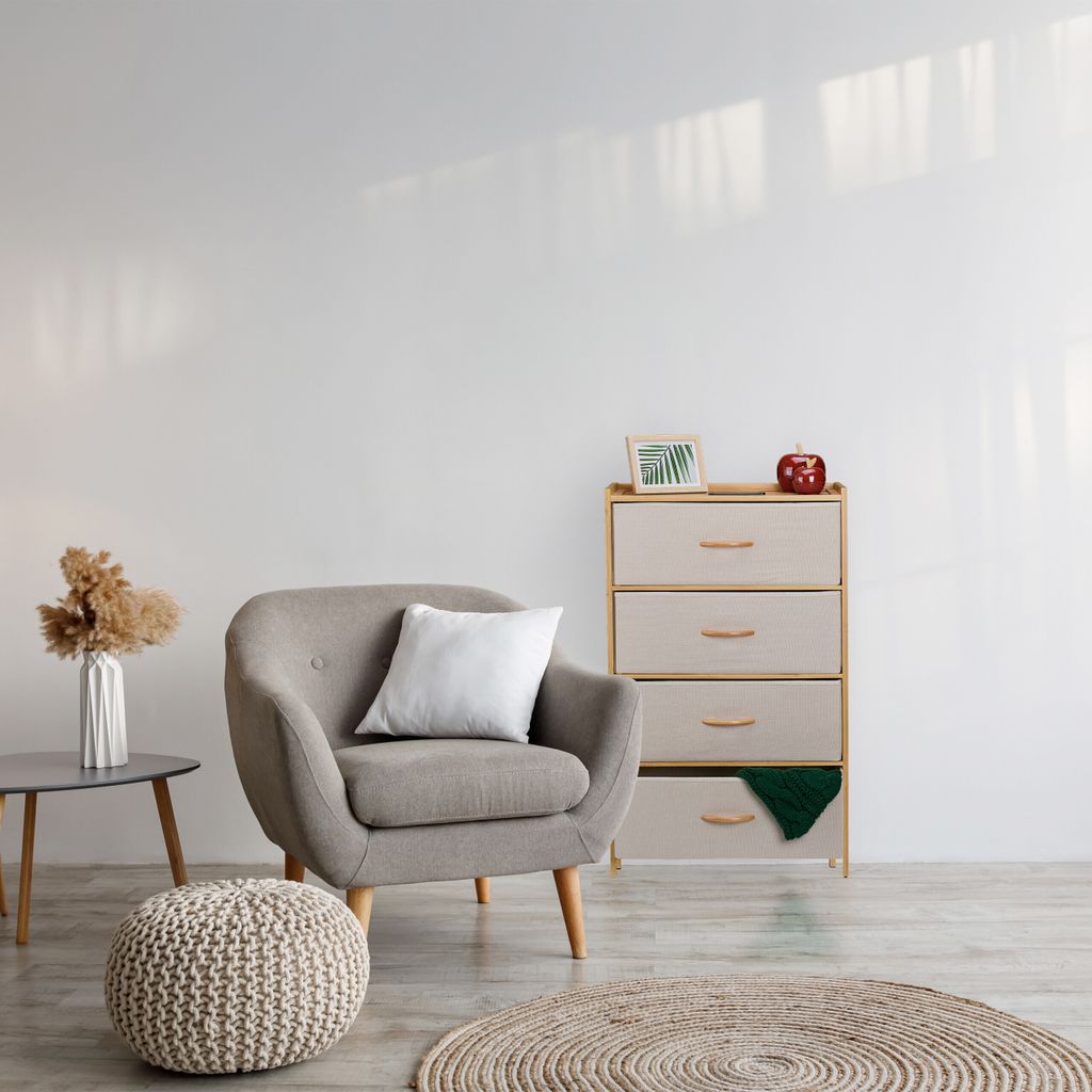 Comodino Relaxdays, bambù, 4 cassetti rivestiti in tessuto, Immagine del prodotto 