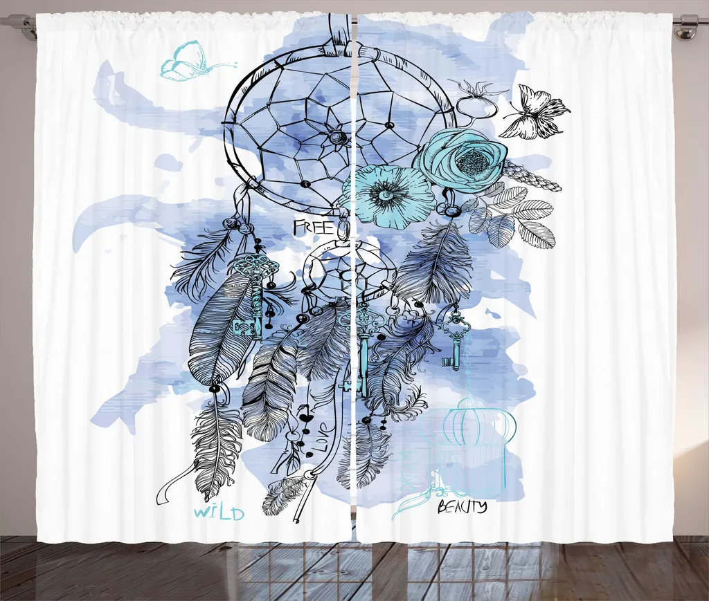 Rideau à fronces ABAKUHAUS motif attrape-rêve bohème 280 x 225 cm bleu