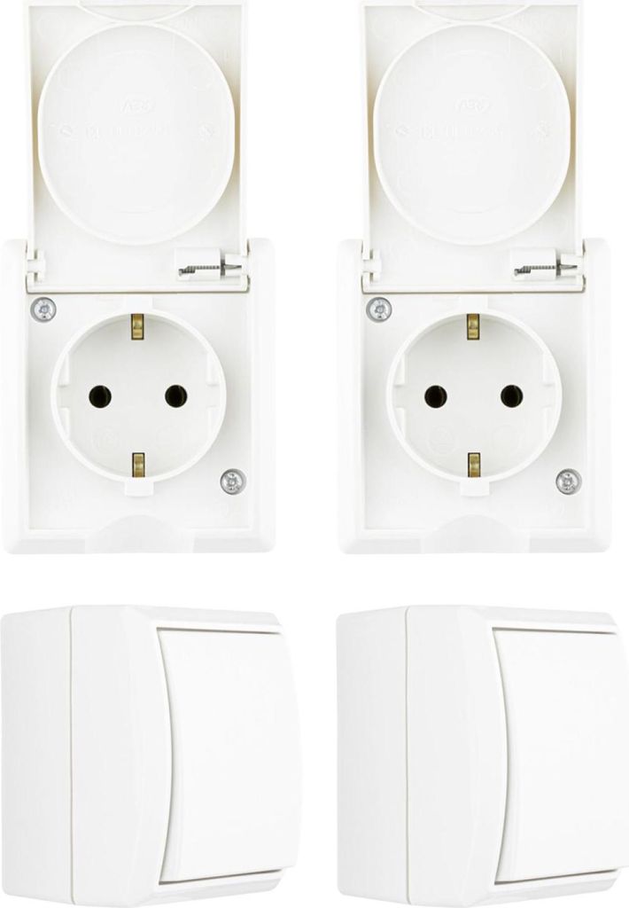 REV AquaForm Feuchtraum Steckdosen Schalter Starter Set Weiß 4 teilig AP IP44