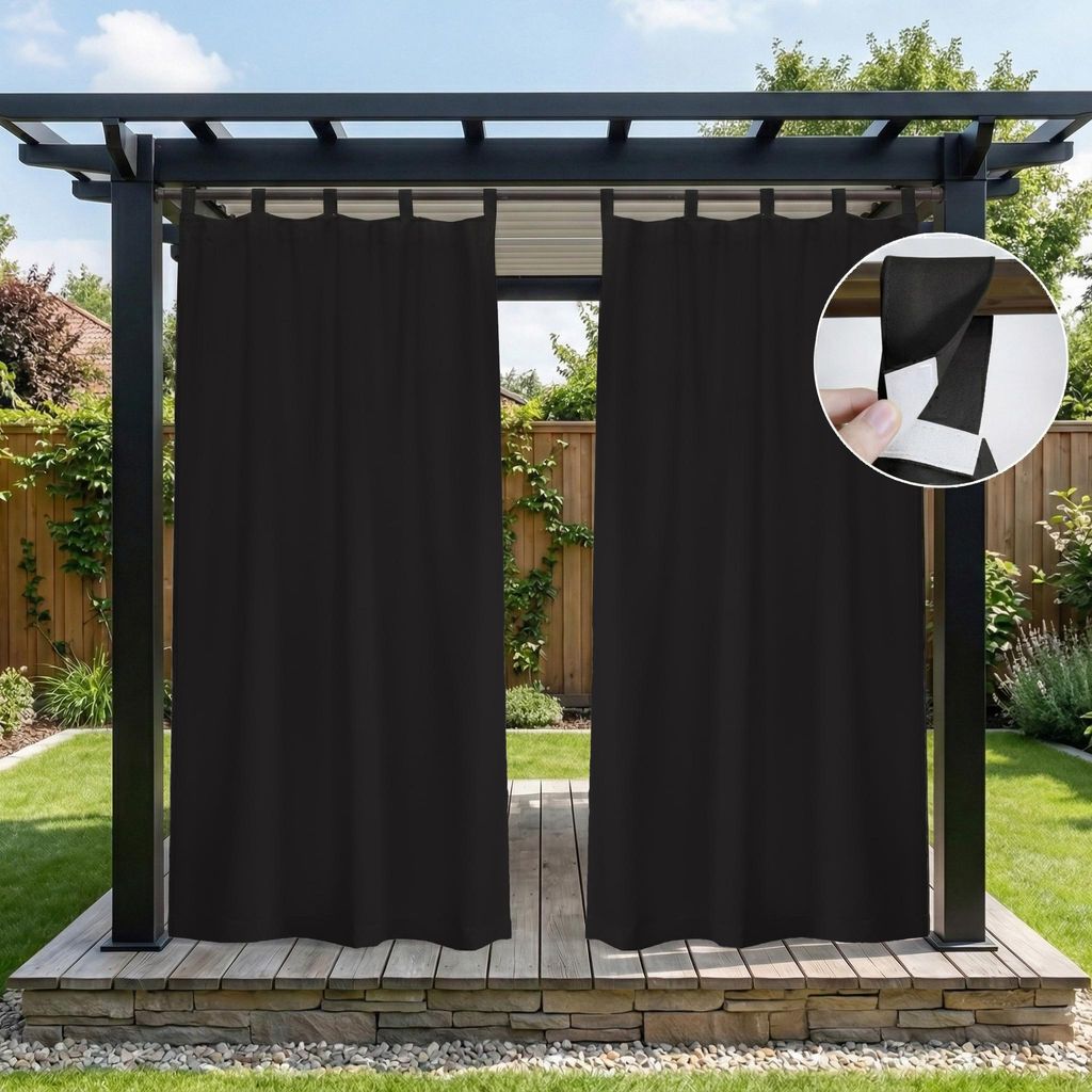 Outdoor Vorhänge Wasserdicht Blickdicht Sonnenschutz Außenvorhang mit Abnehmbaren Schlaufen Terrasse Gardinen, 2 Stück, Schwarz, B132xH213cm