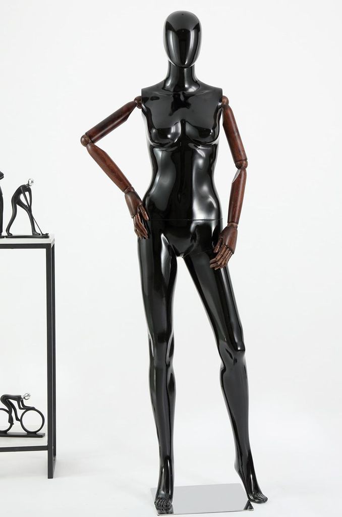 Eurotondisplay HX-DF11-HM abstrakt weibliche Schaufensterpuppe schwarz in Glanz Egghead Holzarme Hände beweglich Edelstahl Metallplatte hochwertig
