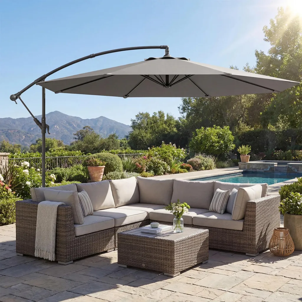 Parasol Gris Ø 3m Anti-UV - Structure Stable avec Manivelle Facile - 2