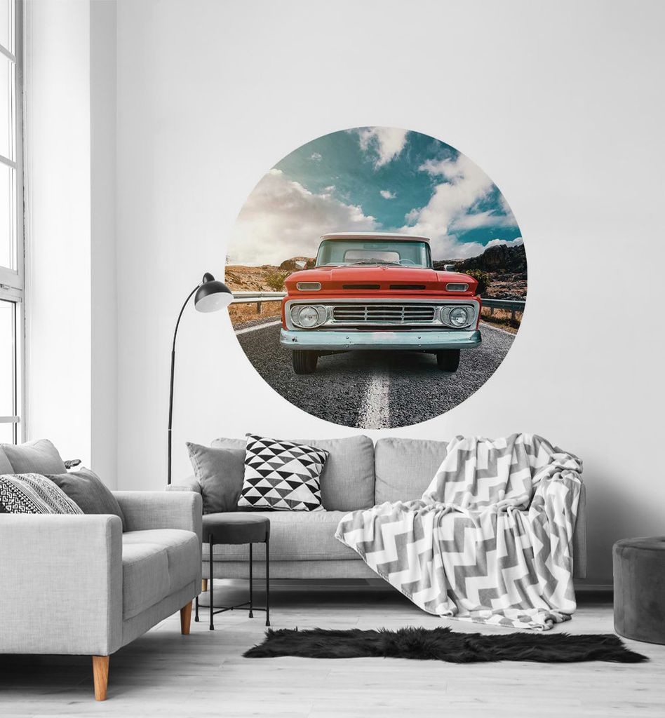 Fototapete Rotes Auto rund, Material:Premium Vlies 150g/qm, Größe Tapete:130cm rund