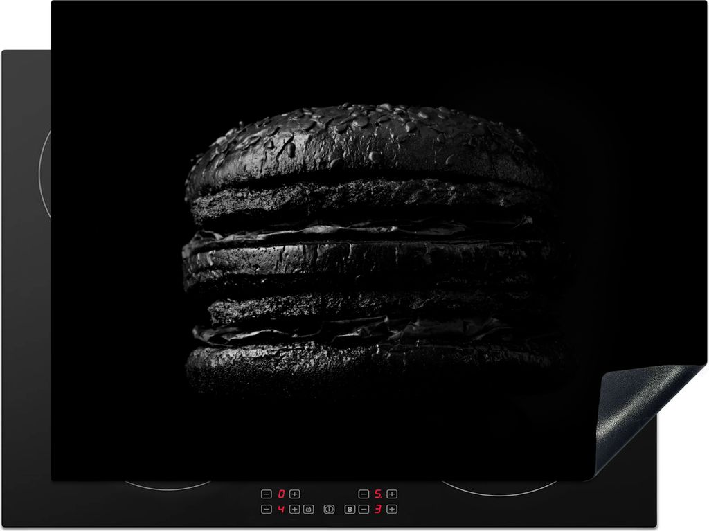 KitchenYeah Herdabdeckplatte Hamburger auf schwarzem Hintergrund in schwarz und weiß , 71x52cm, Küche Deko, Glaskeramikfeld Herdabdeckung, Abde...