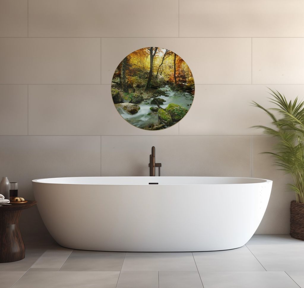 Wallario wasserfestes Poster selbstklebend 60 x 60 cm, Wasserfall mit moosbedeckten Steinen im Herbstwald, Badezimmerposter Spritzschutz mit Hochgl...