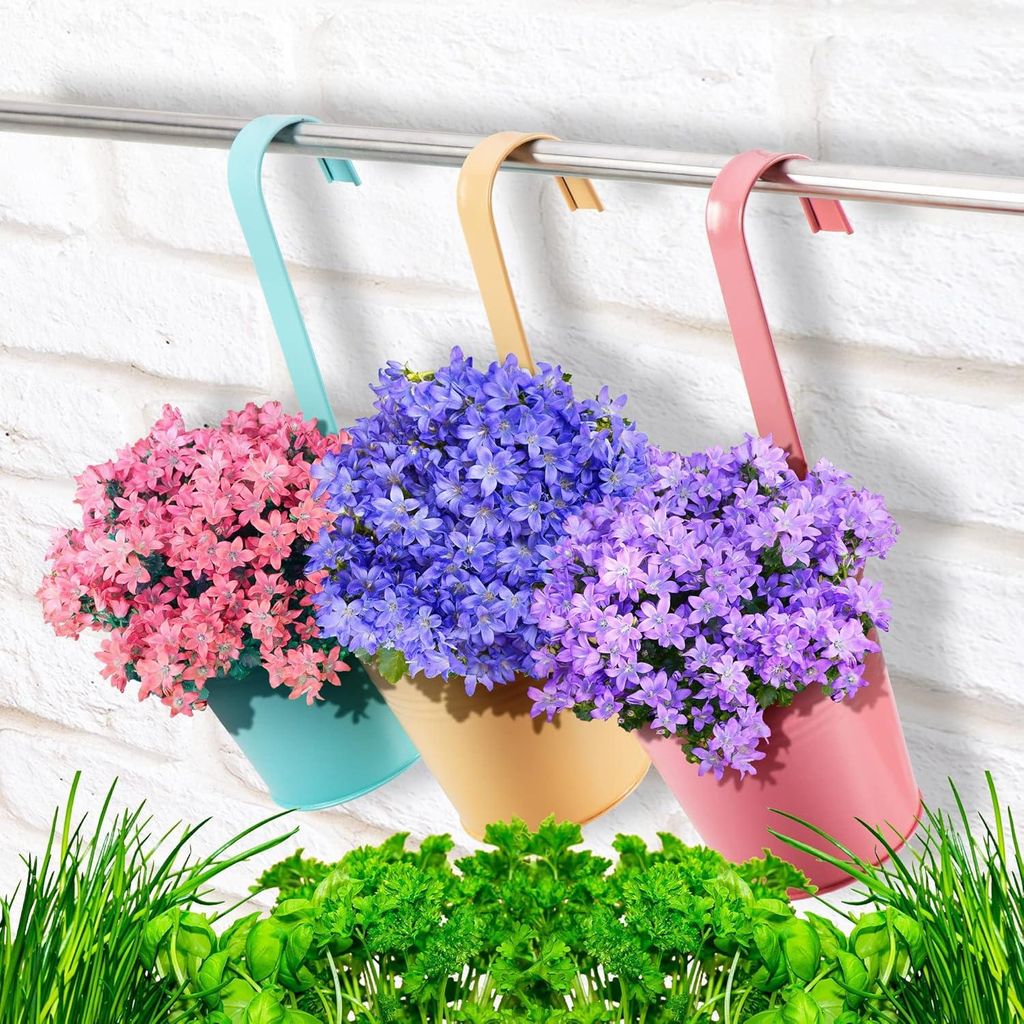 3x Hängende Blumentöpfe für Balkone - Hängeblumentöpfe in leuchtenden Farben für Pflanzen und Kräuter - Pflanzgefäße mit Haken für Gärte...