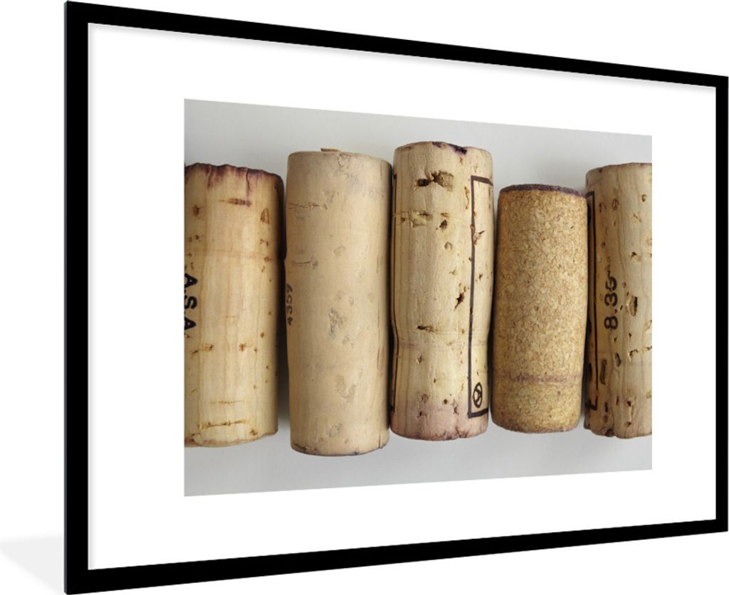 MuchoWow Gerahmtes Poster Fünf Korken mit hellem Hintergrund 90x60 cm - Poster mit Schwarzem Bilderrahmen Wandposter Rahmen Foto Bilder - Wandde...