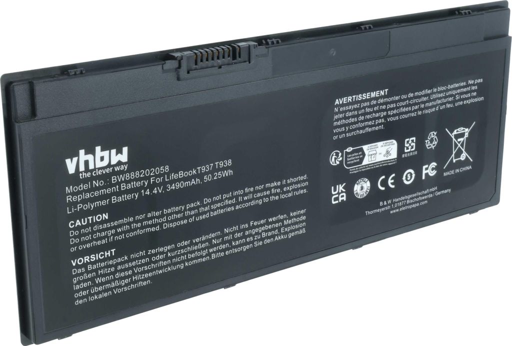 vhbw Akku kompatibel mit Fujitsu LifeBook U747 (U7476MP581DE), U748 (U7480MP580DE), U748 (U7480MP581DE), U748 Notebook (3490 mAh, 14,4 V, Li-Ion)