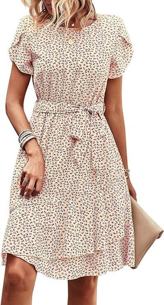 Sommerkleid Damen Boho Kurz Rot Weiß XL Volant A-Linie Gürtel Rundhals