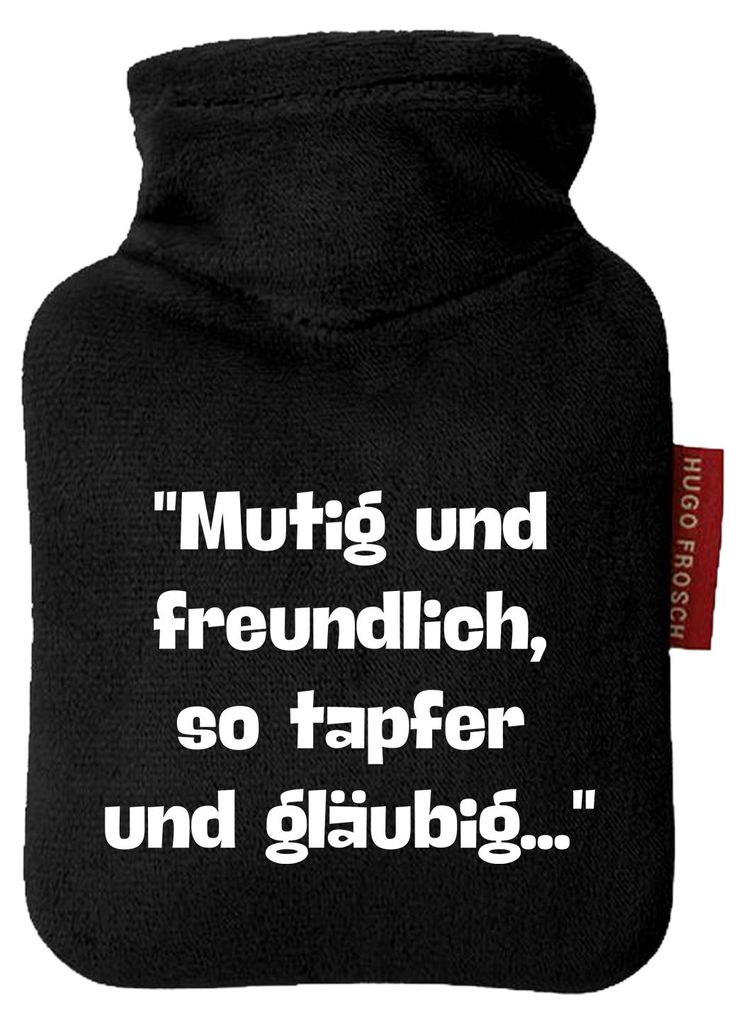 Huuraa Mini-Wärmflasche Mutig freundlich tapfer und gläubig 0,2 Liter Black Mini Veloursbezug Taschenwärmer Geschenkidee