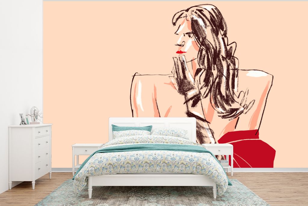 MuchoWow Fototapete für Wohnzimmer oder Schlafzimmer Wandtapete Vinyl Motivtapete Frau - Porträt - Pastell - Rot - 375x280 cm - Schlafzimmer ta...