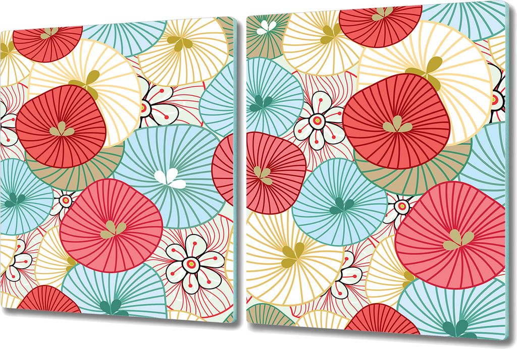 Glas-Herdabdeckplatte Glaskeramikkochfeld-Abdeckung Spritzschutz - 2x 40x52 cm - Blumige Abstraktion