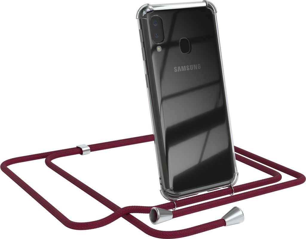 EAZY CASE Handykette kompatibel mit Samsung Galaxy A20e, Handyhülle mit Umhängeband, Handykordel, Schutzhülle Clear, Band in Rot