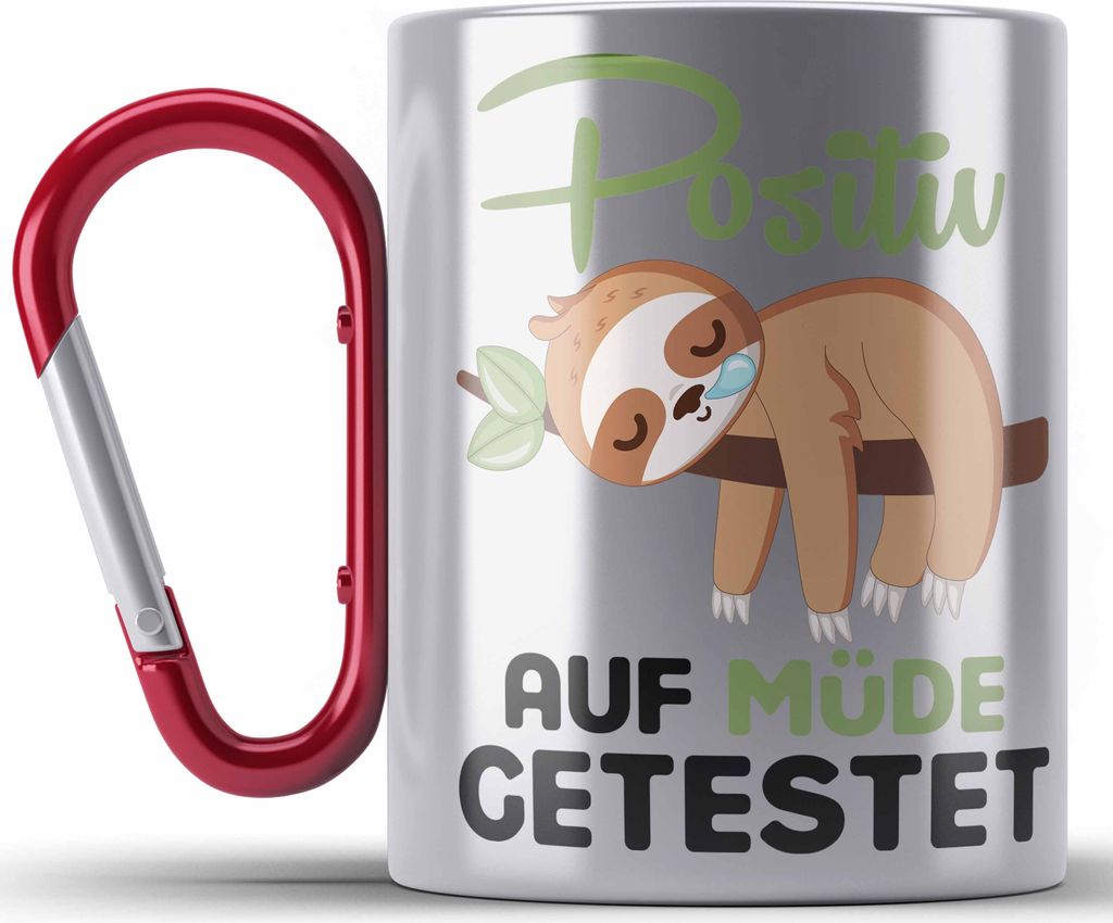 Trendation - Faultier Edelstahl Tasse Karabiner Positiv Auf Müde Getestet Lustige Edelstahl Tasse Karabiner Geburtstag Kinder Frauen Männer (Rot)