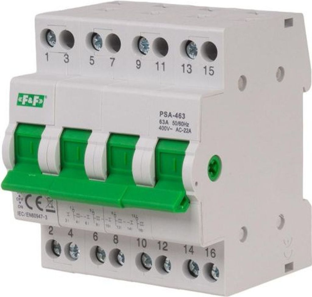 A white and green electrical modular switch with visible labels and switches.