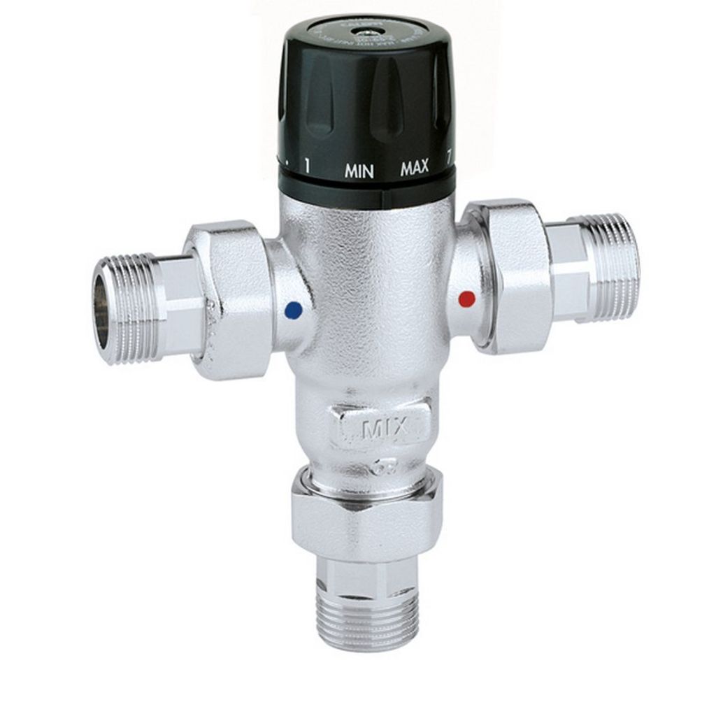 A studio shot of a thermostatic mixing valve.