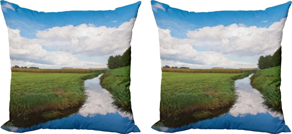 ABAKUHAUS Landschaft Kissenbezug Set (2Stück), Reflektierende Ruhe Flusslandschaft Gras Wolken Wildblumen Bäume Sträucher, 40 x 40 cm, Grün Wei...