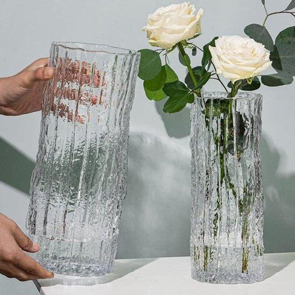 Famanu Glasvase moderne Zylinderform - handgefertigte Vase mit massiver Eis-Boden