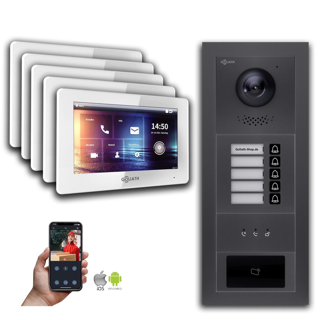Goliath IP Video Türsprechanlage: 7-Zoll 5 Familienhaus, RFID, Anzeige, Anthrazit : 7 Zoll Weiß : Aufputz Dose Monitor Farbe: 7 Zoll Weiß Montag...