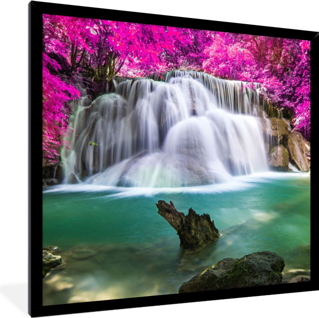 MuchoWow Gerahmtes Poster Wasserfall - Rosa - Bäume 40x40 cm - Poster mit Schwarzem Bilderrahmen Wandposter Rahmen Foto Bilder - Mit Rahmen - Wa...
