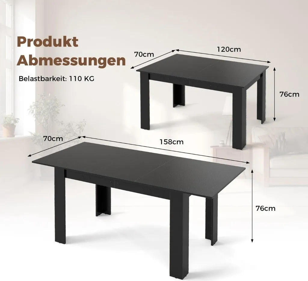 Table extensible 120 à 158 cm robuste 110 kg - Idéale petit espace